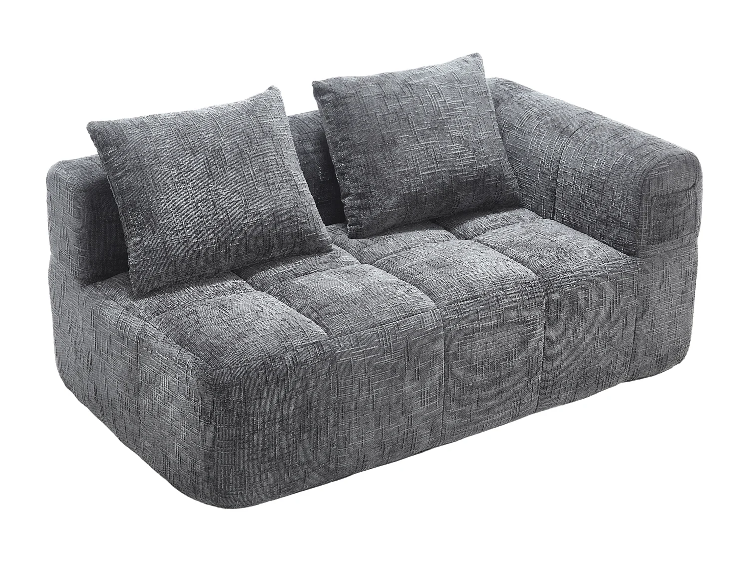 Méridienne gauche 2 places en chenille gris avec 2 coussins, Rembourrage Moelleux - 158x90x60cm