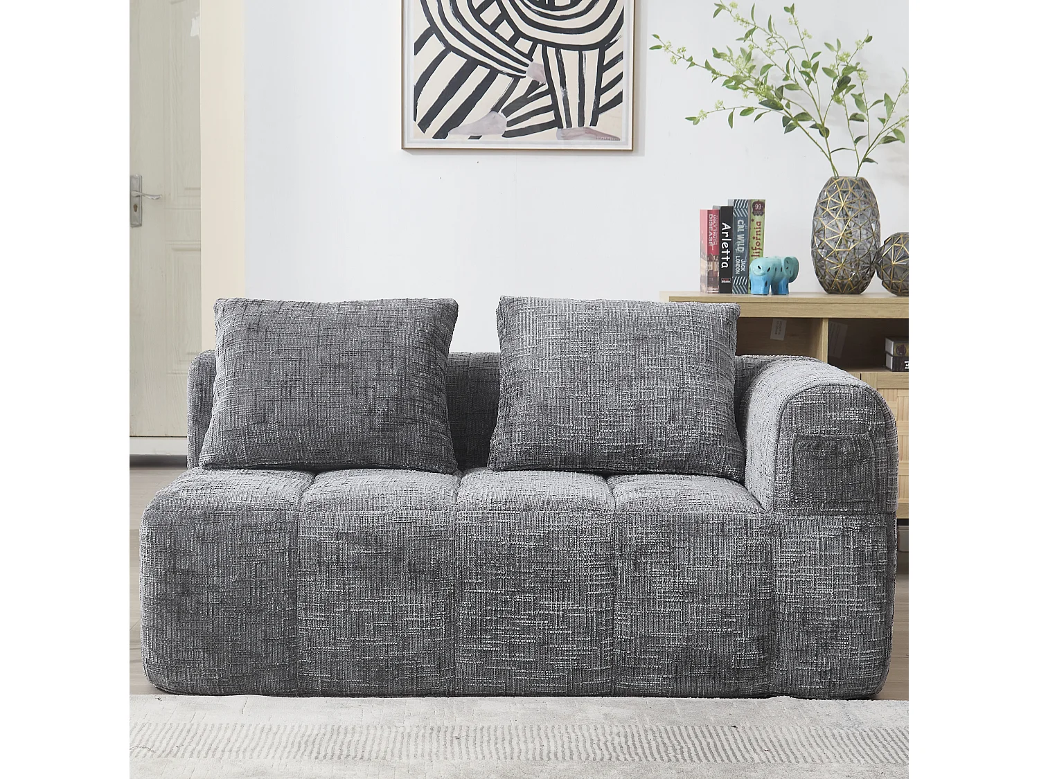 Méridienne gauche 2 places en chenille gris avec 2 coussins, Rembourrage Moelleux - 158x90x60cm