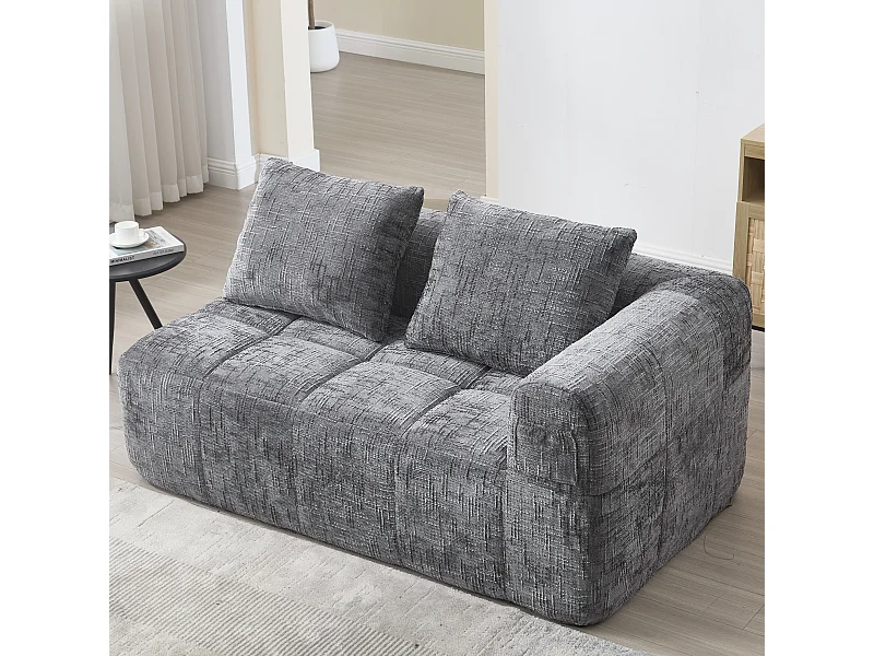 Méridienne gauche 2 places en chenille gris avec 2 coussins, Rembourrage Moelleux - 158x90x60cm