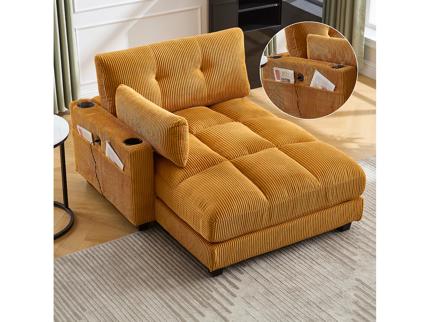 Méridienne fixe en velours Jaune moutarde avec accoudoirs interchangeables, porte-boissons et chargeur intégré(140x112x81cm)