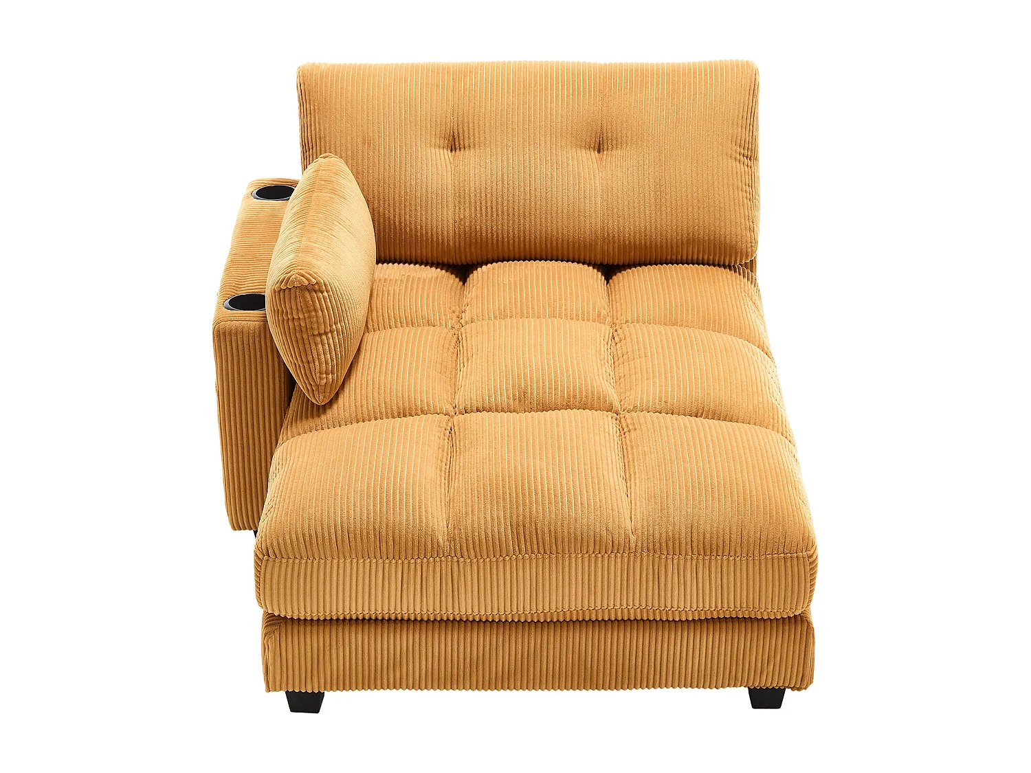 Méridienne fixe en velours Jaune moutarde avec accoudoirs interchangeables, porte-boissons et chargeur intégré(140x112x81cm)