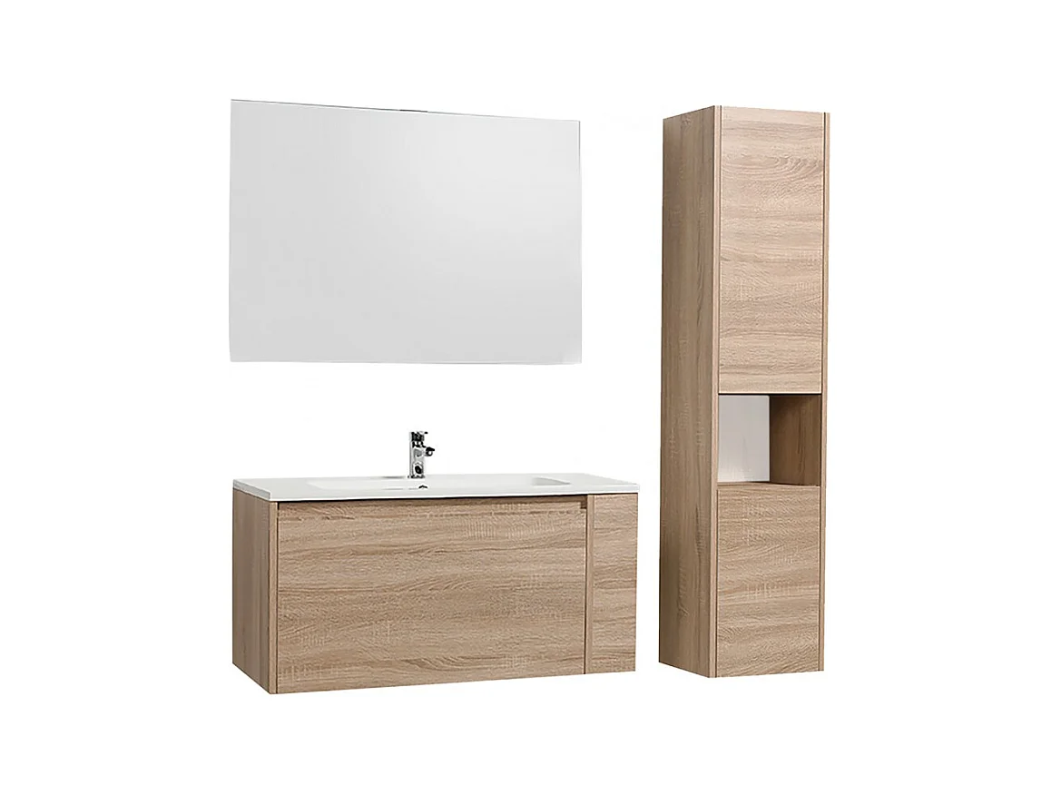 Ensemble meuble sous vasque avec lavabo, miroir et colonne de rangement VELA couleur chêne