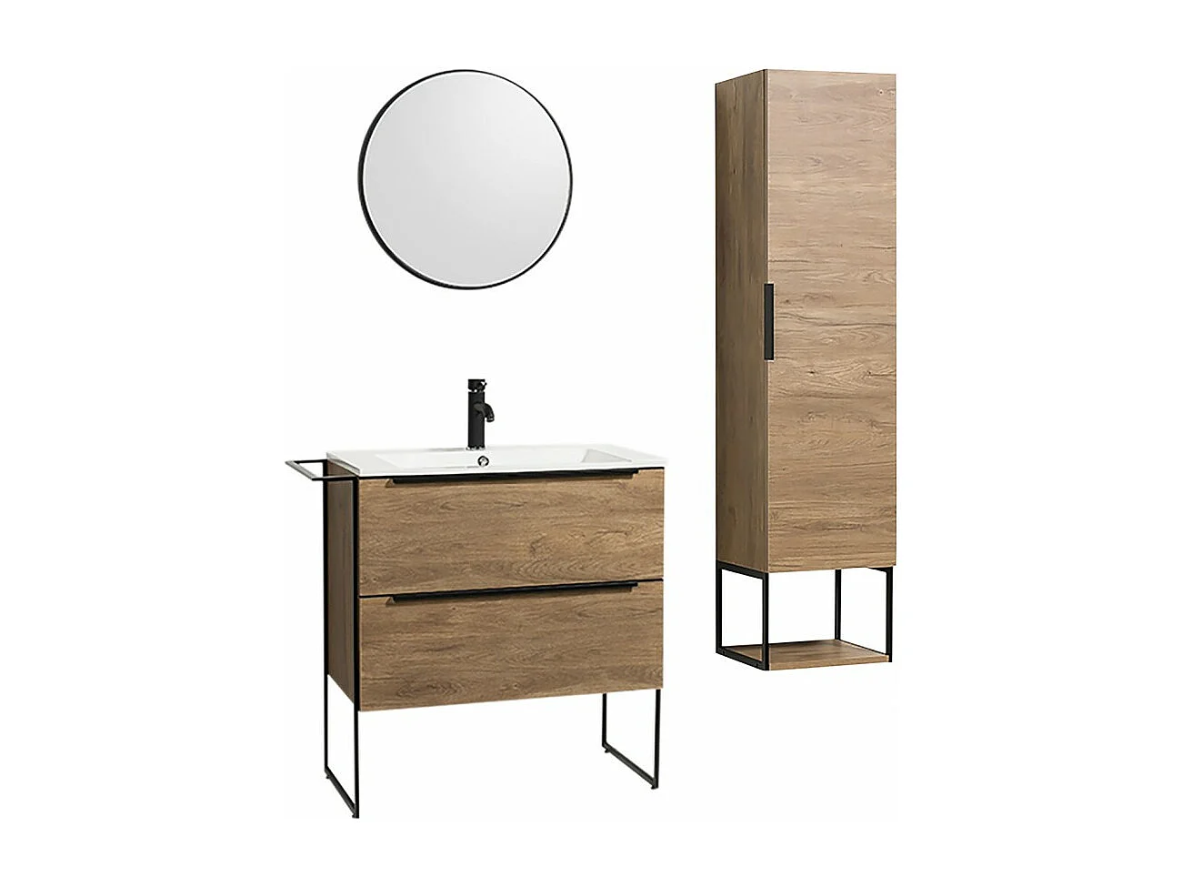 Ensemble meuble sous vasque avec lavabo, miroir et colonne de rangement MAURA couleur noyer