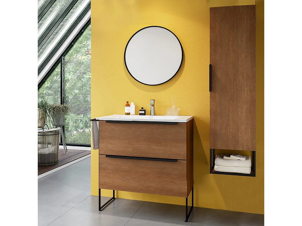 Ensemble meuble sous vasque avec lavabo, miroir et colonne de rangement MAURA couleur noyer