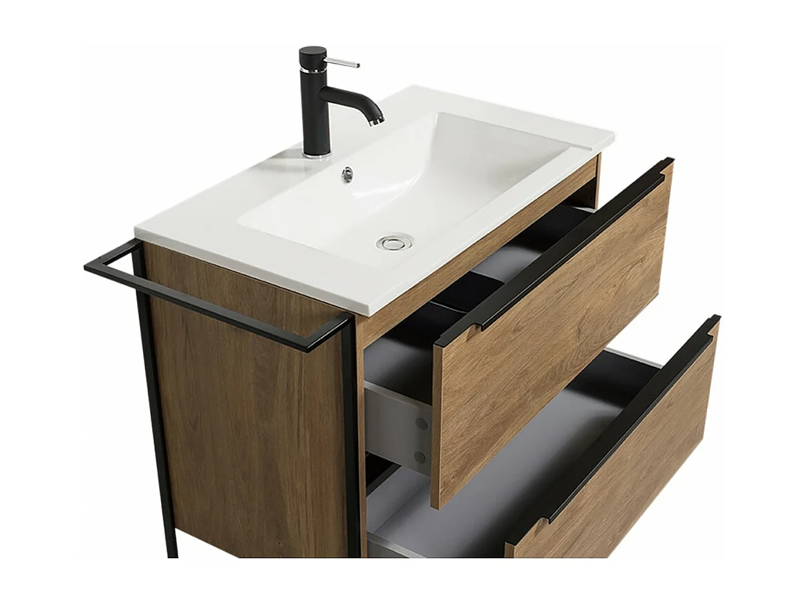 Ensemble meuble sous vasque avec lavabo, miroir et colonne de rangement MAURA couleur noyer