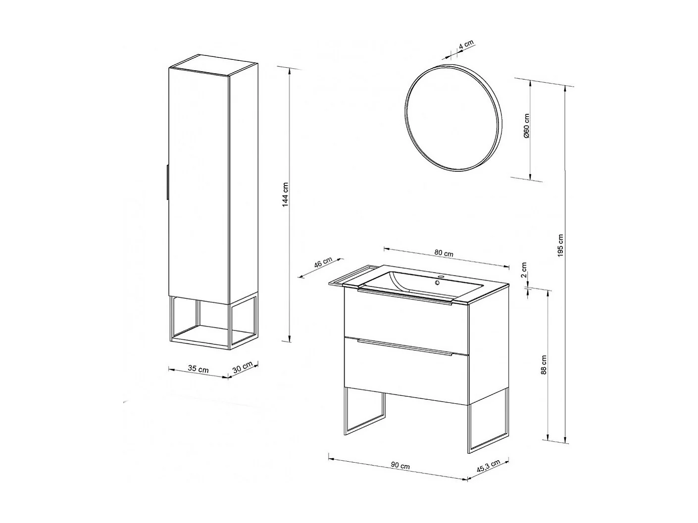 Ensemble meuble sous vasque avec lavabo, miroir et colonne de rangement MAURA couleur noyer