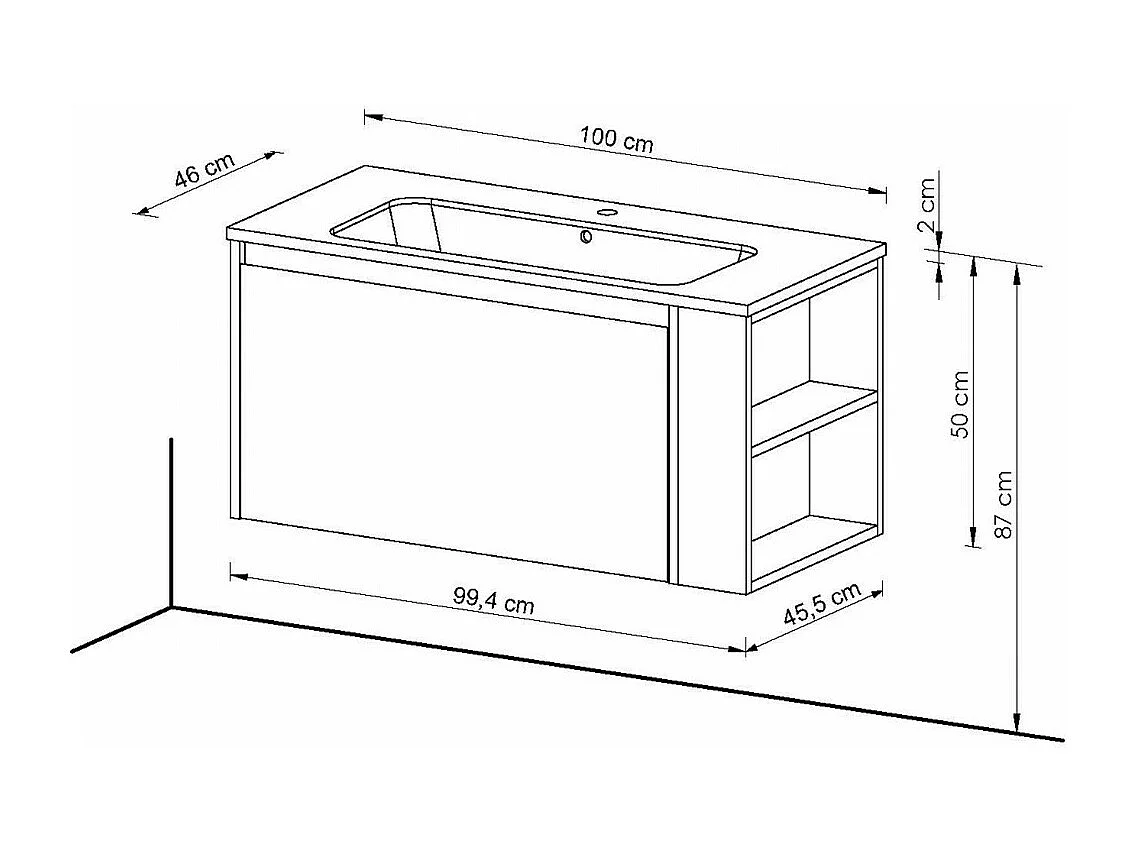 Meuble vasque Salle de bain avec Lavabo 100x46x50cm chêne VELA 1 tiroir et étagère