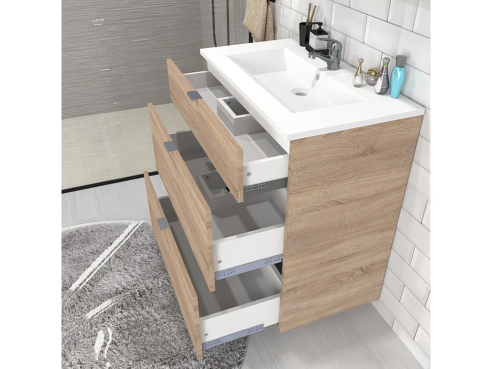 Meuble vasque Salle de bain avec Lavabo 60x47x91cm couleur chêne BELLO 3 tiroirs