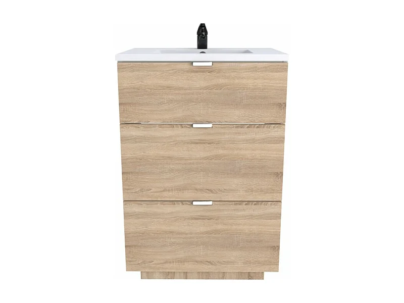 Meuble vasque Salle de bain avec Lavabo 60x47x91cm couleur chêne BELLO 3 tiroirs