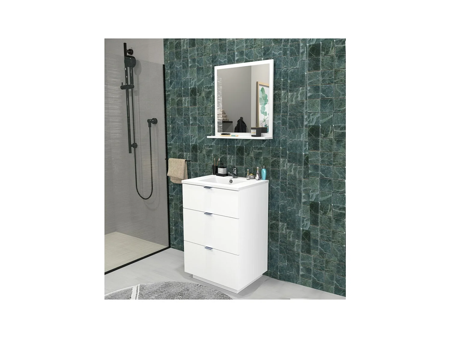 Meuble vasque Salle de bain avec Lavabo 60x47x91cm blanc BELLO 3 tiroirs