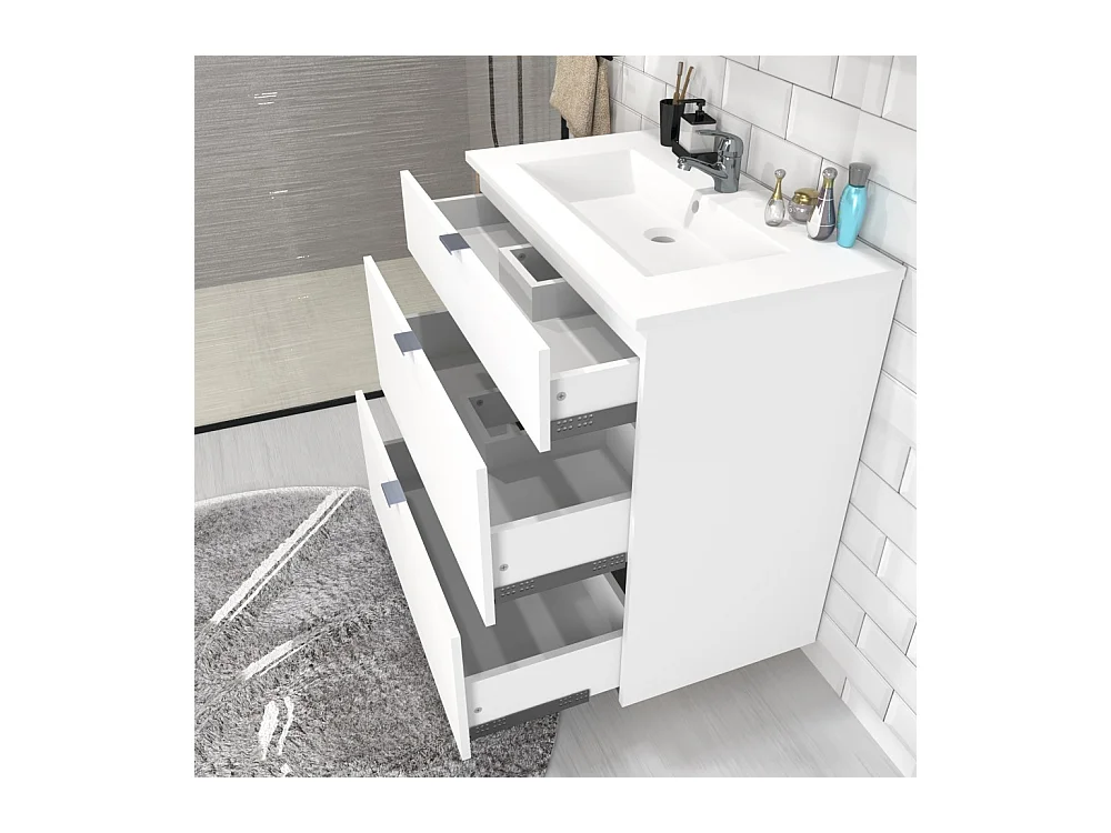 Meuble vasque Salle de bain avec Lavabo 60x47x91cm blanc BELLO 3 tiroirs
