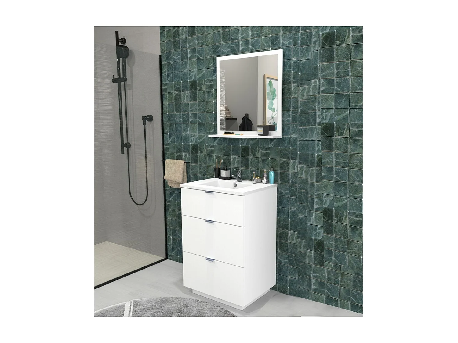 Meuble vasque Salle de bain avec Lavabo 60x47x91cm blanc BELLO 3 tiroirs
