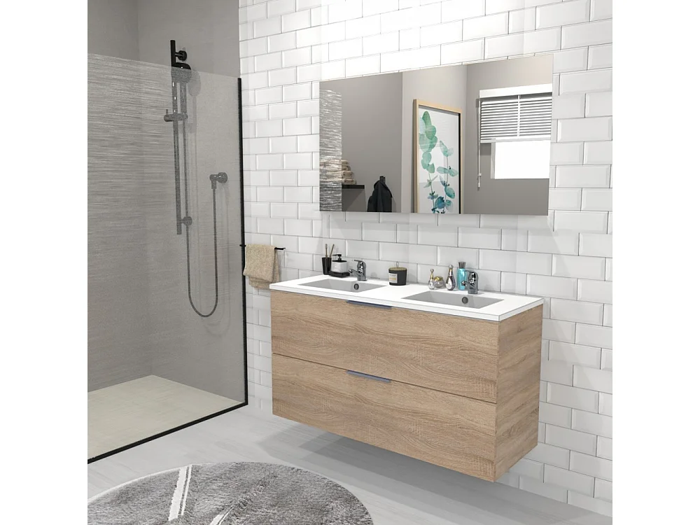 Meuble vasque Salle de bain avec Lavabo 120x46x64cm couleur chêne MALI 2 tiroirs