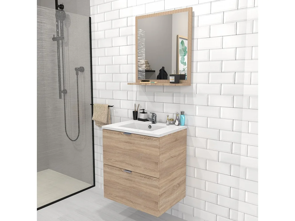 Meuble vasque Salle de bain avec Lavabo 60x46x64cm couleur chêne MALI 2 tiroirs