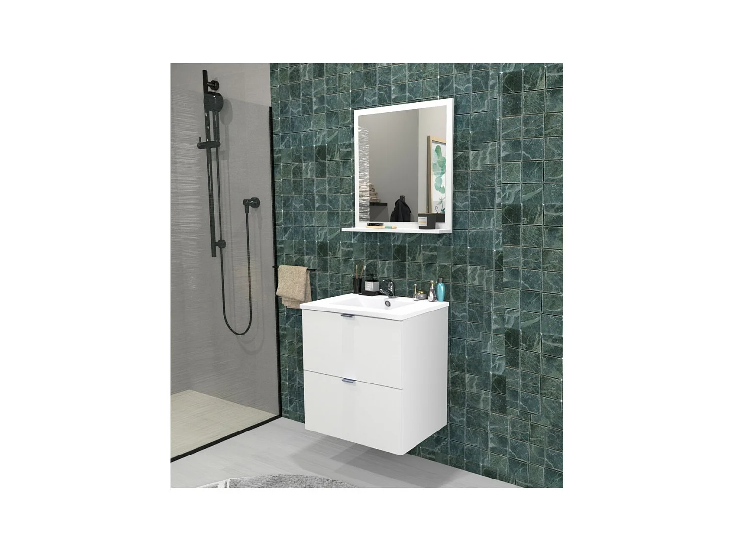 Meuble vasque Salle de bain avec Lavabo 60x46x64cm blanc MALI 2 tiroirs