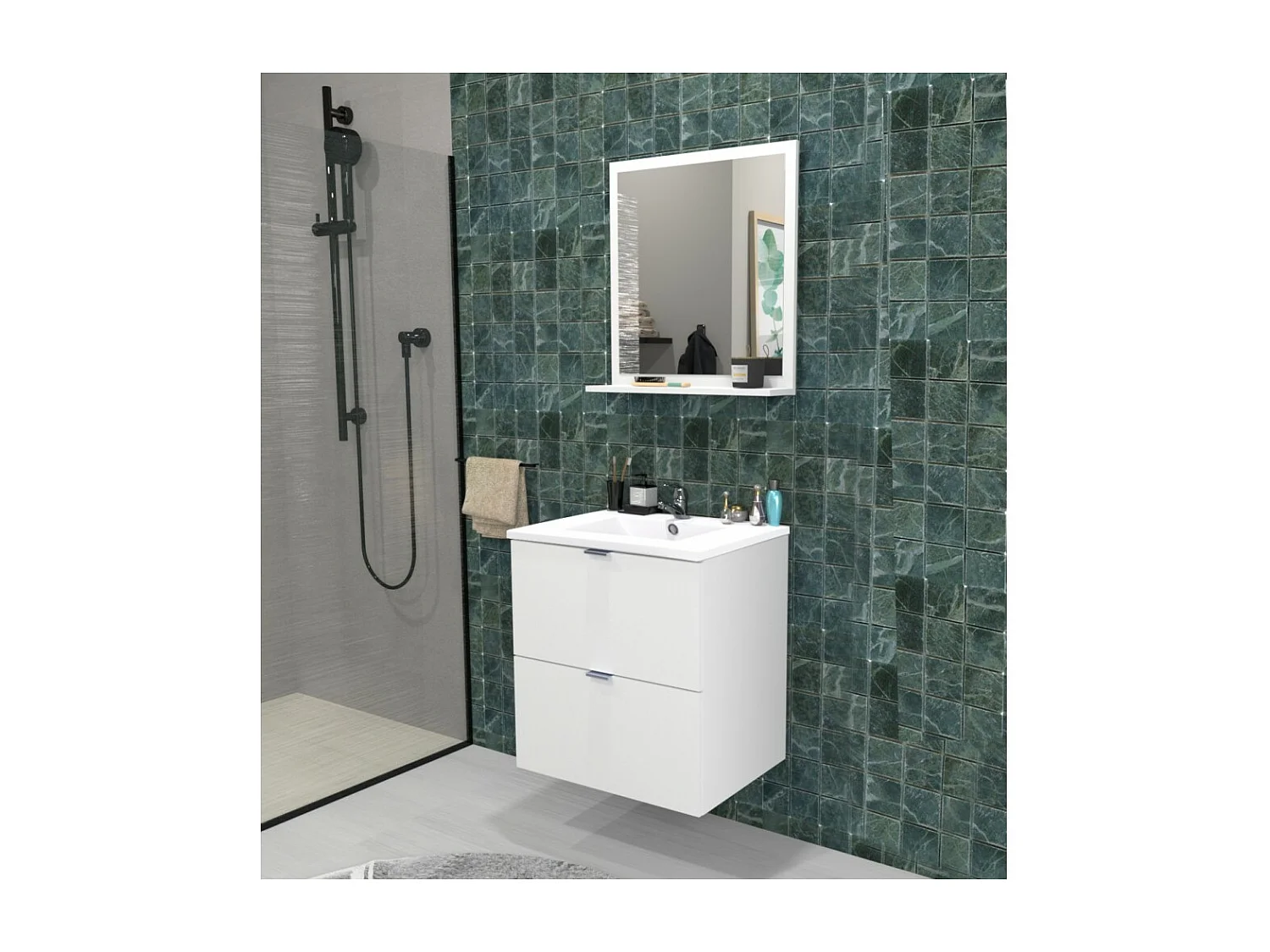 Meuble vasque Salle de bain avec Lavabo 60x46x64cm blanc MALI 2 tiroirs