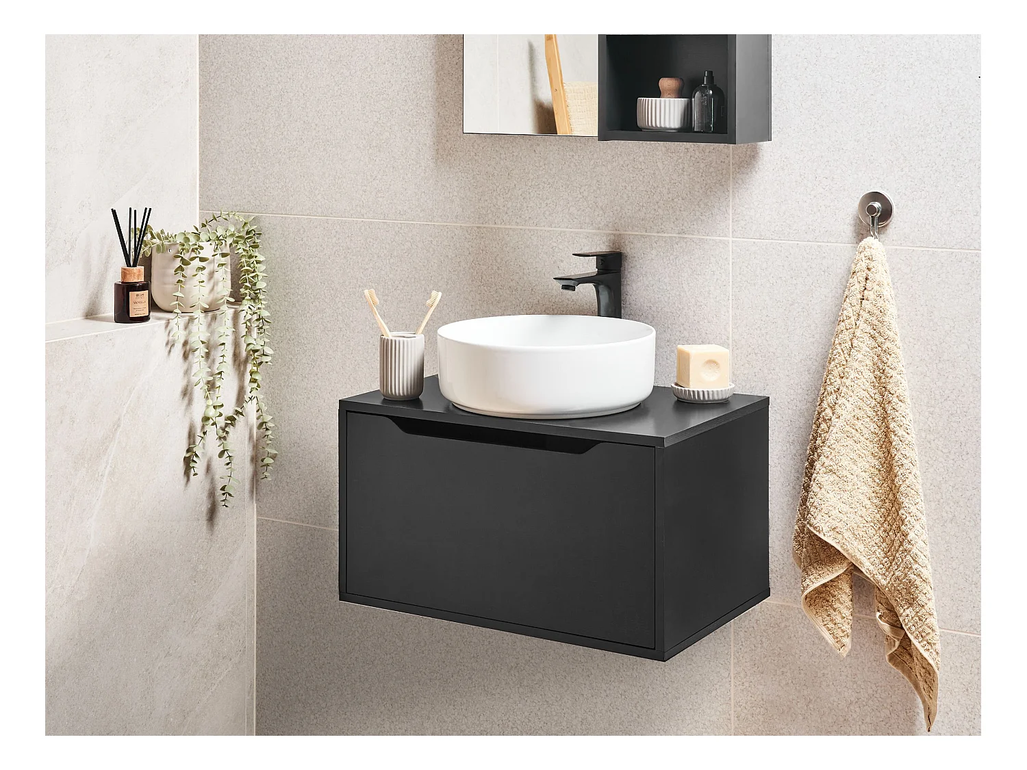 Meuble lavabo mural PETROLINA 60 cm Noir