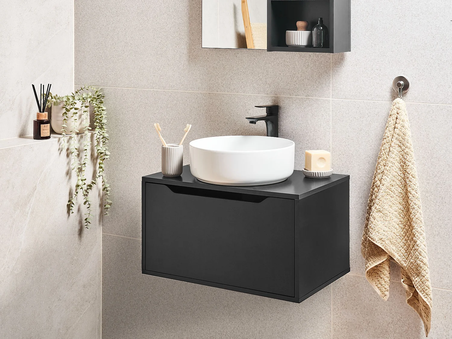 Meuble lavabo mural PETROLINA 60 cm Noir