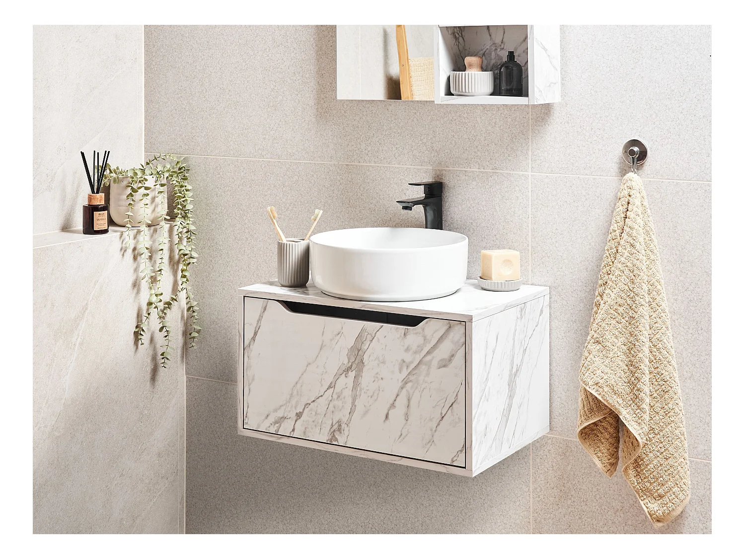 Meuble lavabo mural PETROLINA 60 cm Marbre blanc