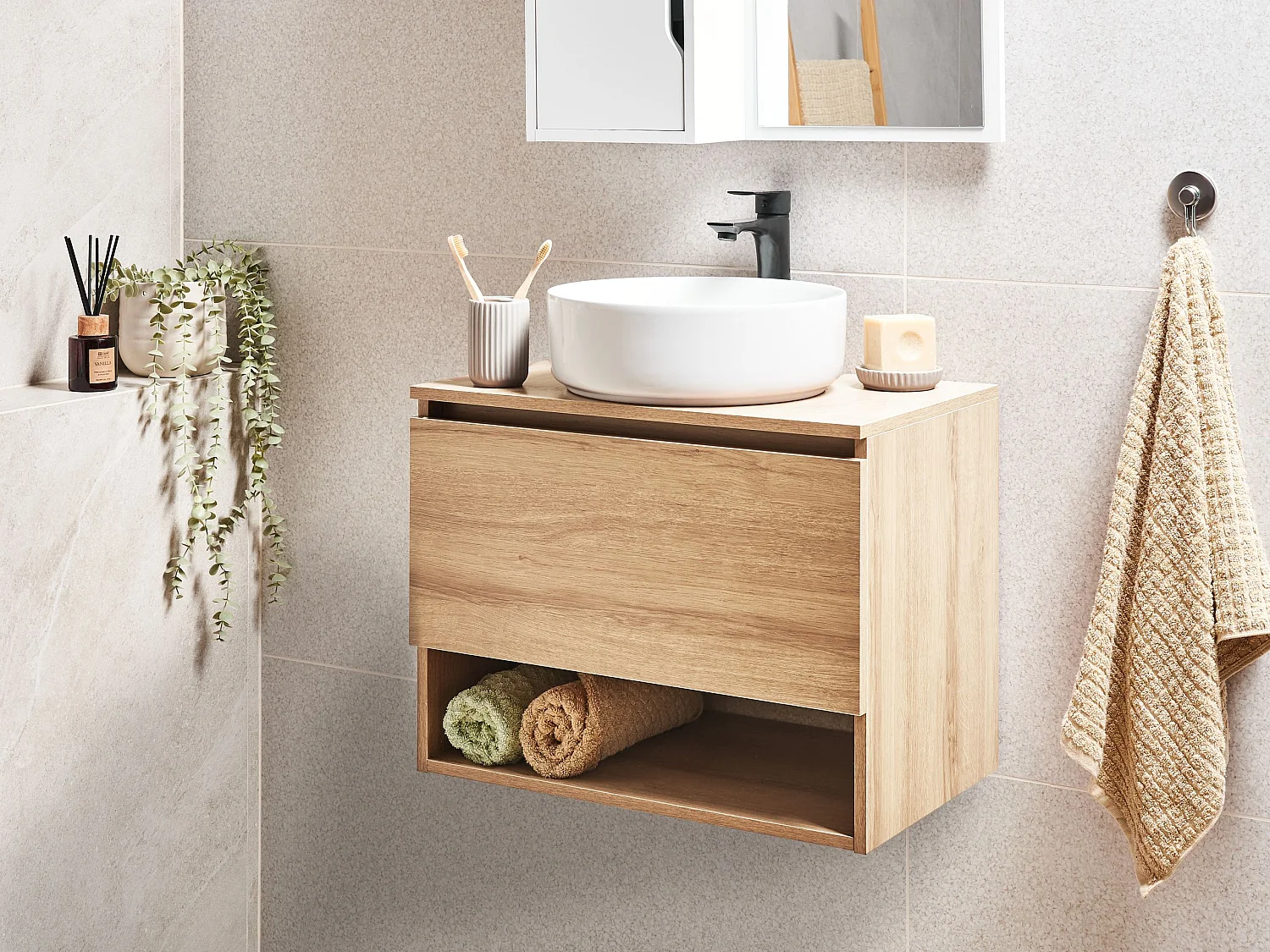 Wandmontierter Waschtischunterschrank NATAL 60 cm Hellbraun