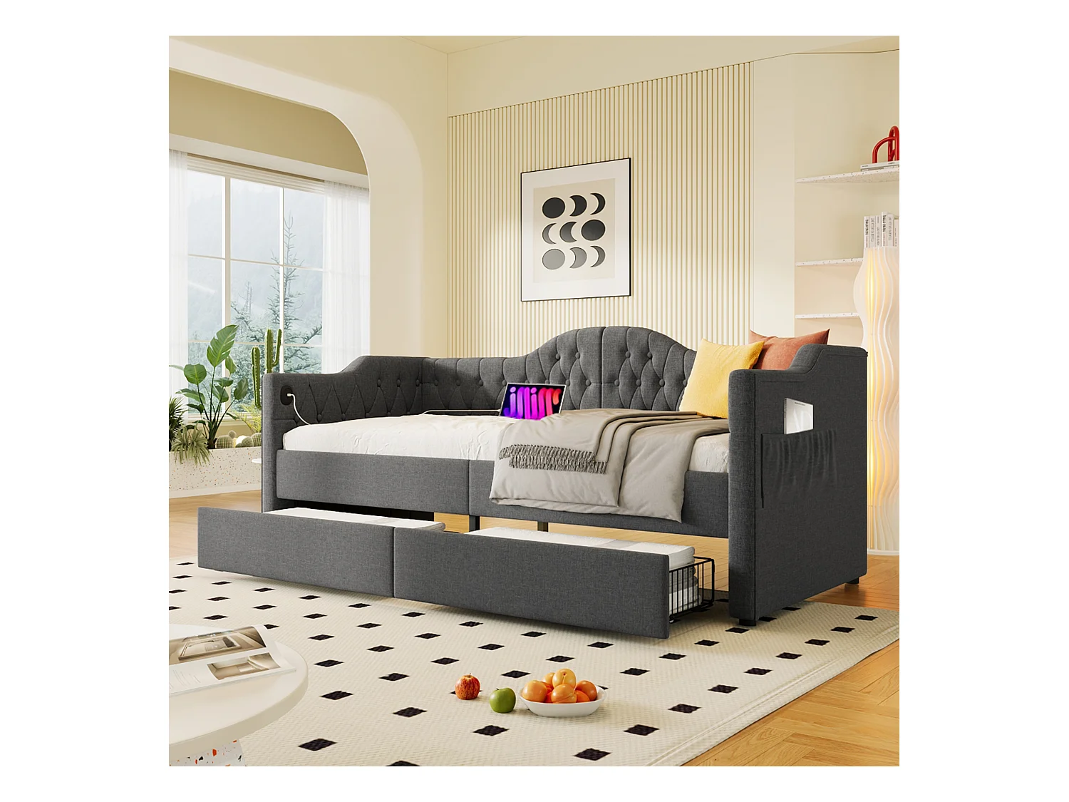 Lit enfant 90x200 cm gris avec USB Type C, en lin avec 2 tiroirs de rangement, sans matelas