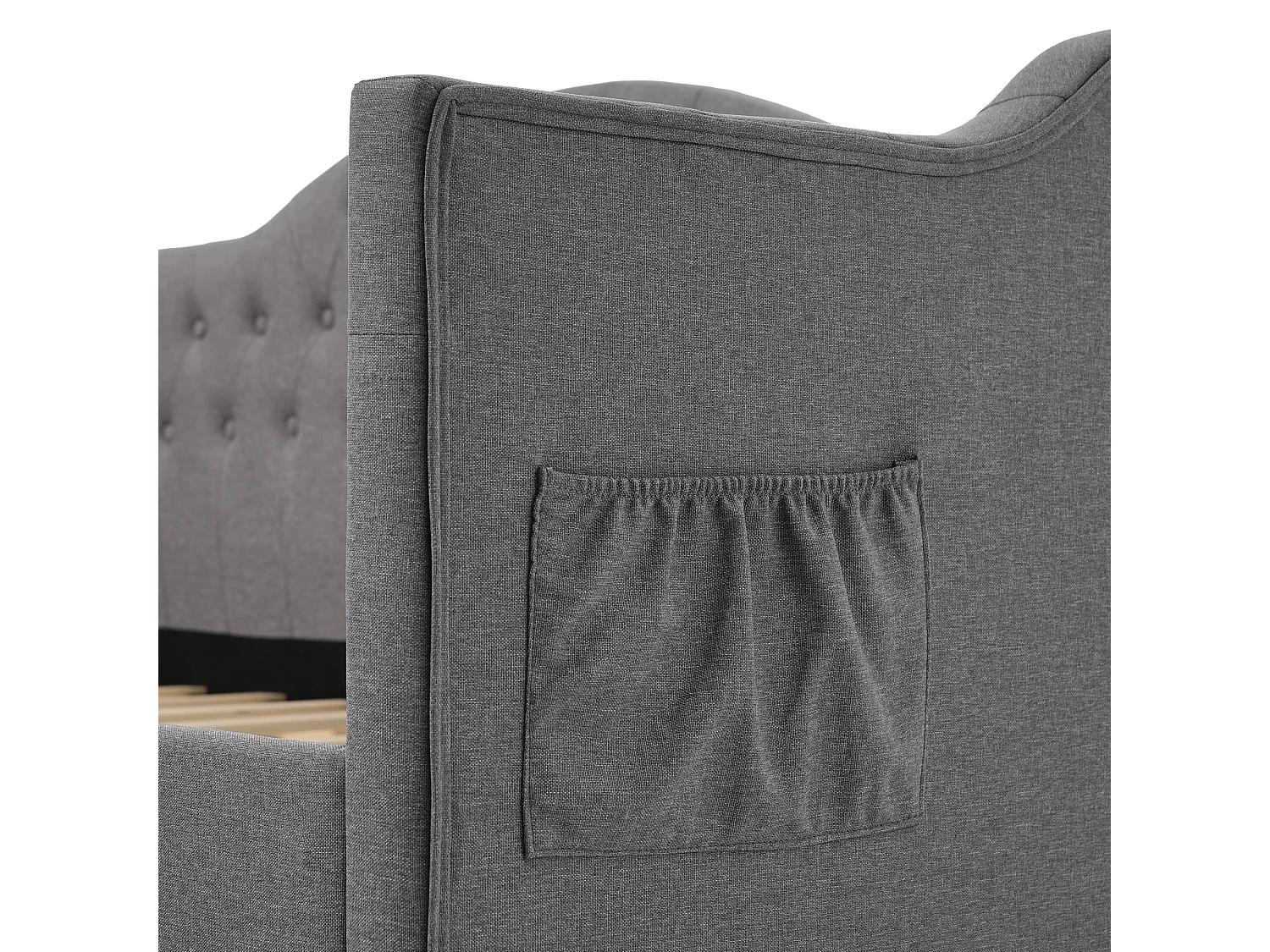 Lit enfant 90x200 cm gris avec USB Type C, en lin avec 2 tiroirs de rangement, sans matelas