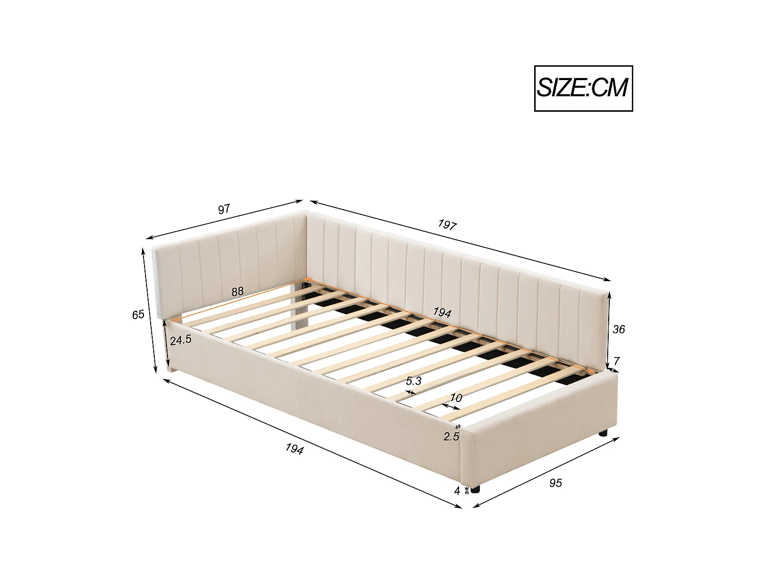 Lit enfant 90x200cm beige, Sommier à lattes, flanelle, sans matelas