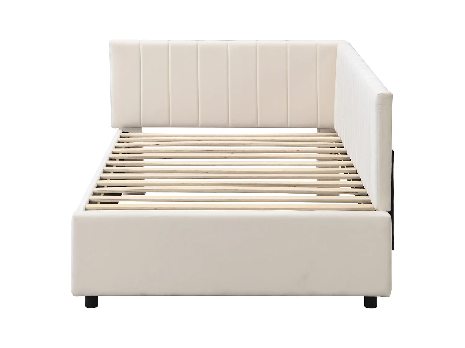 Lit enfant 90x200cm beige, Sommier à lattes, flanelle, sans matelas