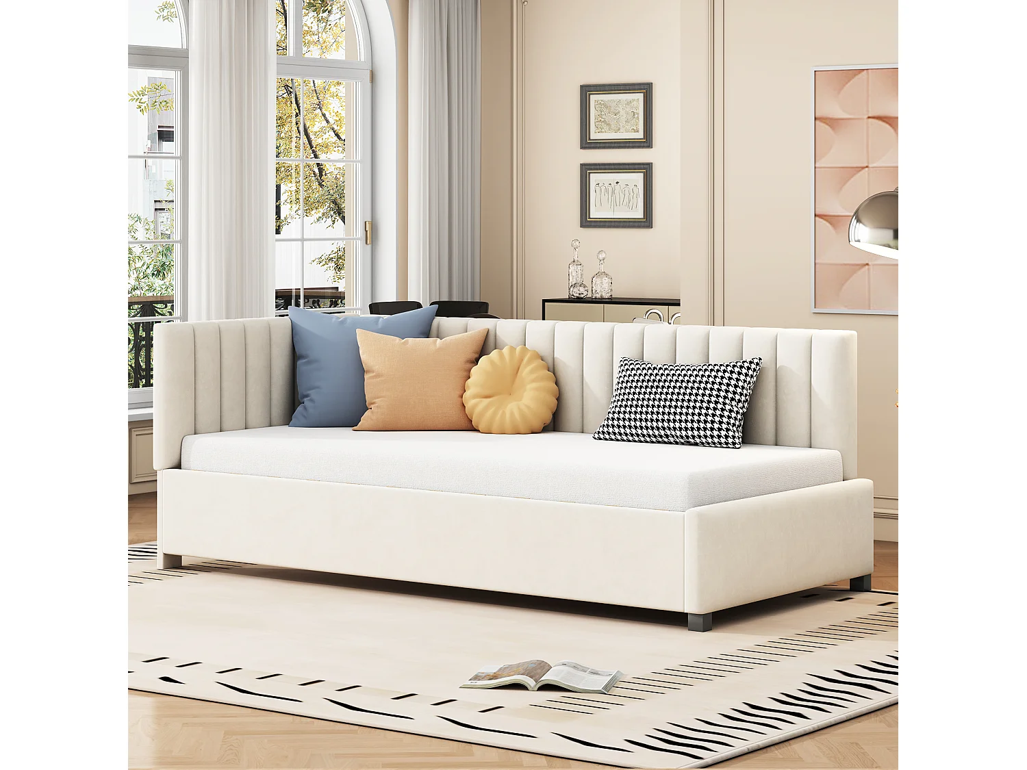 Lit enfant 90x200cm beige, Sommier à lattes, flanelle, sans matelas