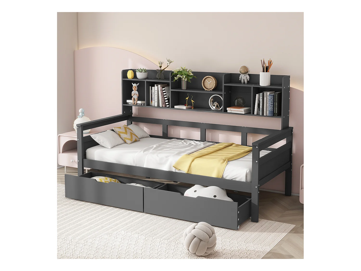 Lit enfant 90x200cm avec compartiment de rangement, canapé convertible avec 2 tiroirs, lit simple en bois, Gris foncé, sans matelas