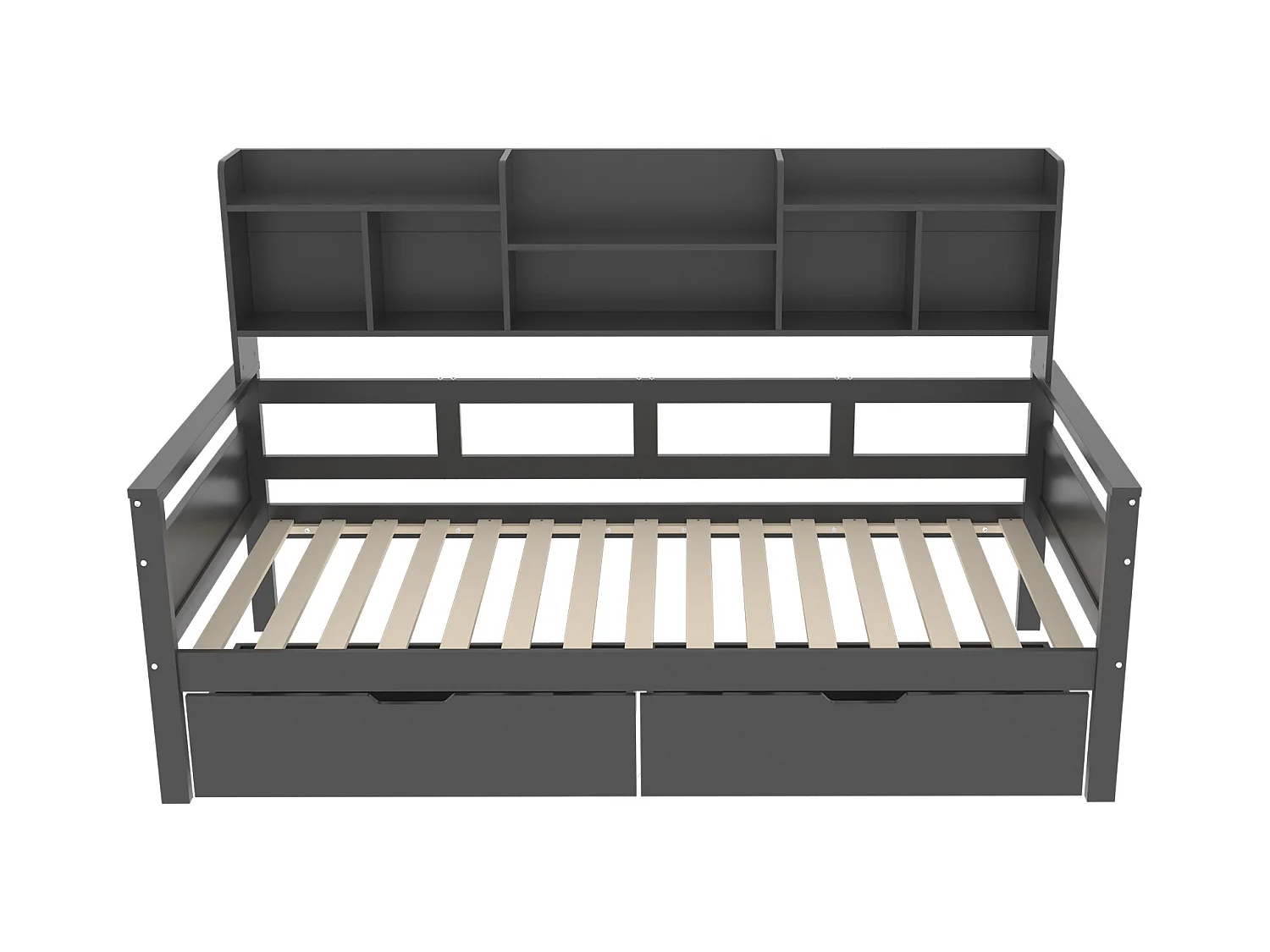 Lit enfant 90x200cm avec compartiment de rangement, canapé convertible avec 2 tiroirs, lit simple en bois, Gris foncé, sans matelas