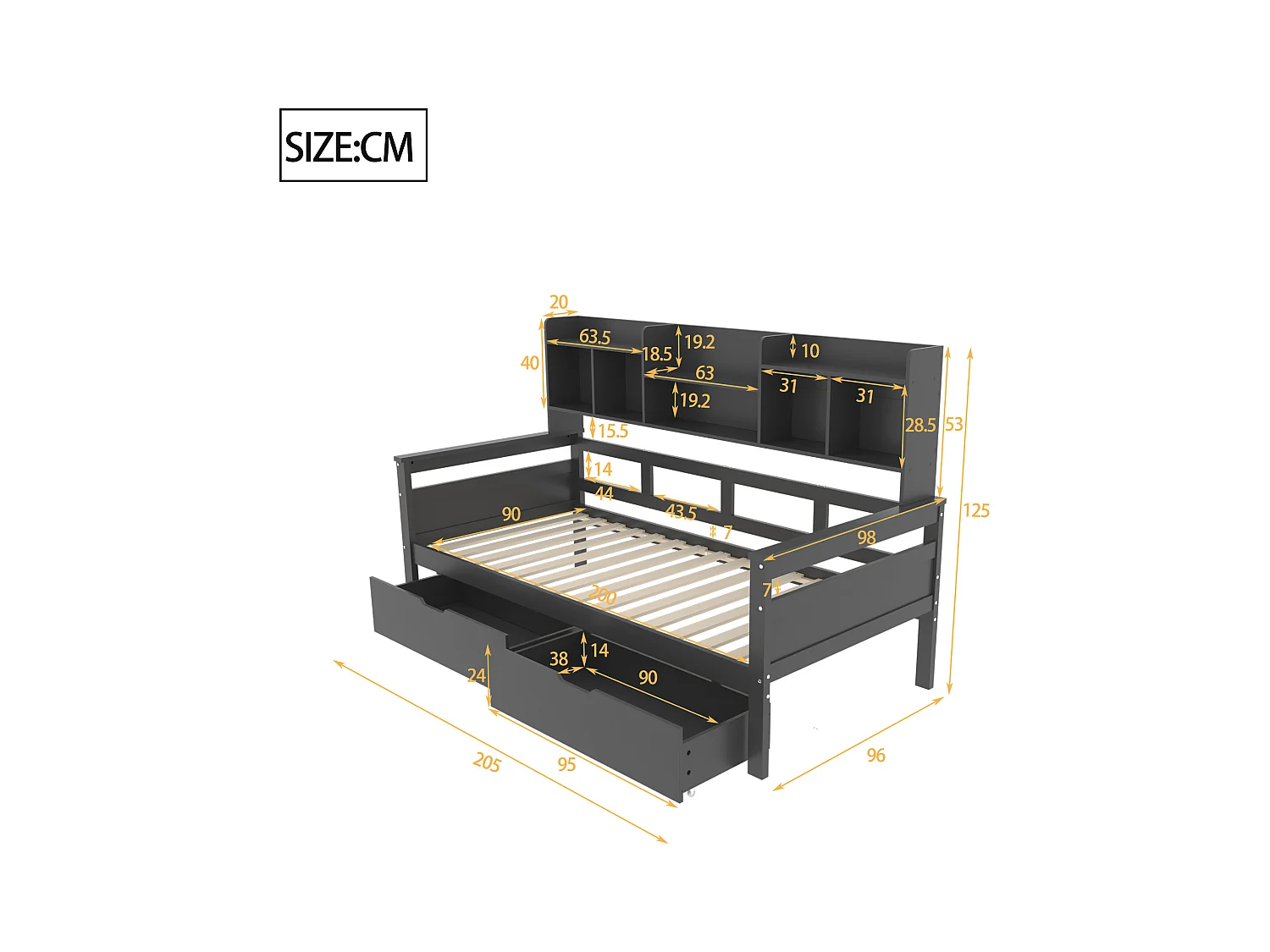 Lit enfant 90x200cm avec compartiment de rangement, canapé convertible avec 2 tiroirs, lit simple en bois, Gris foncé, sans matelas