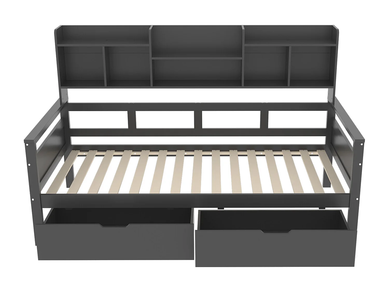 Lit enfant 90x200cm avec compartiment de rangement, canapé convertible avec 2 tiroirs, lit simple en bois, Gris foncé, sans matelas