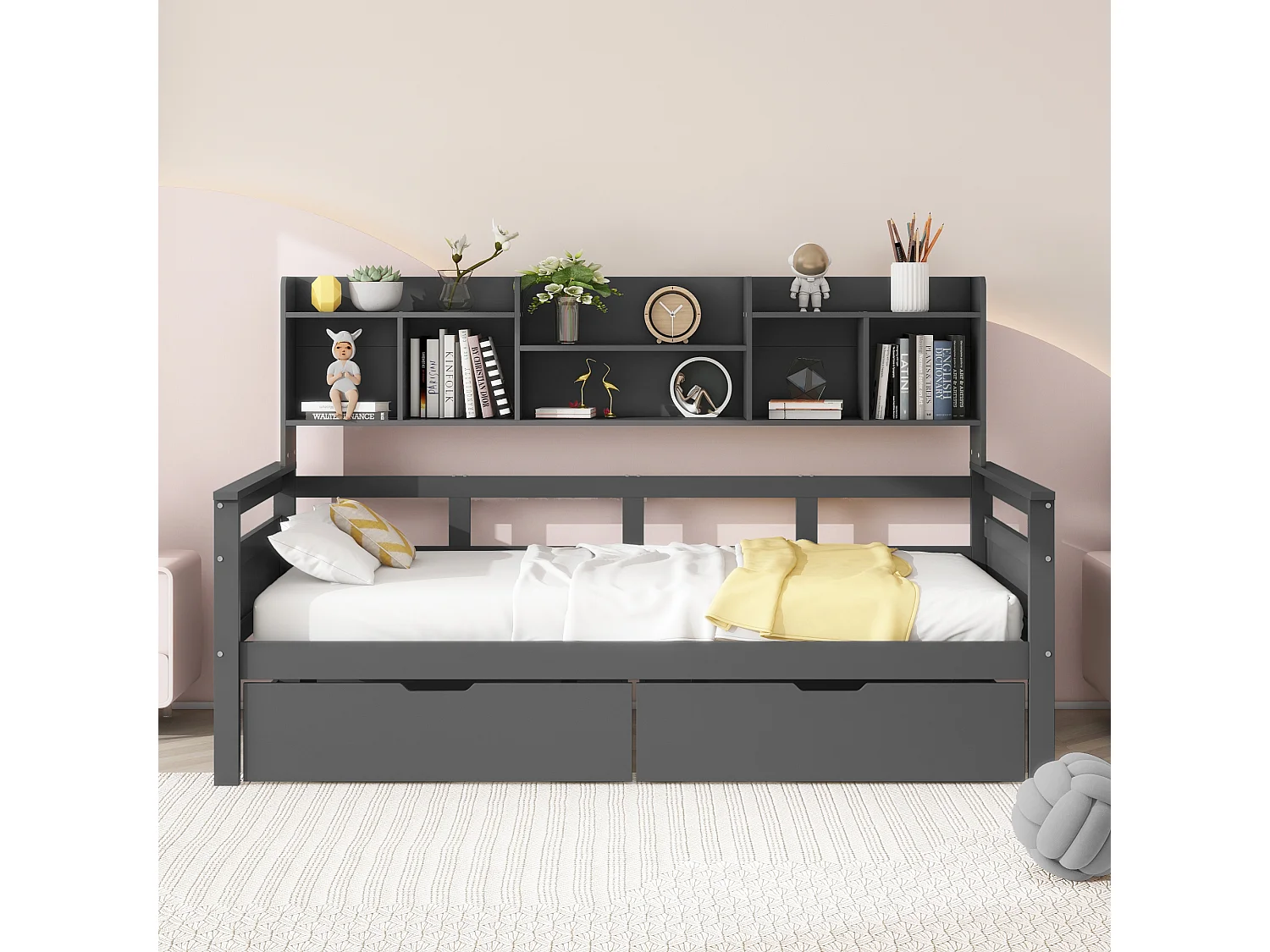 Lit enfant 90x200cm avec compartiment de rangement, canapé convertible avec 2 tiroirs, lit simple en bois, Gris foncé, sans matelas