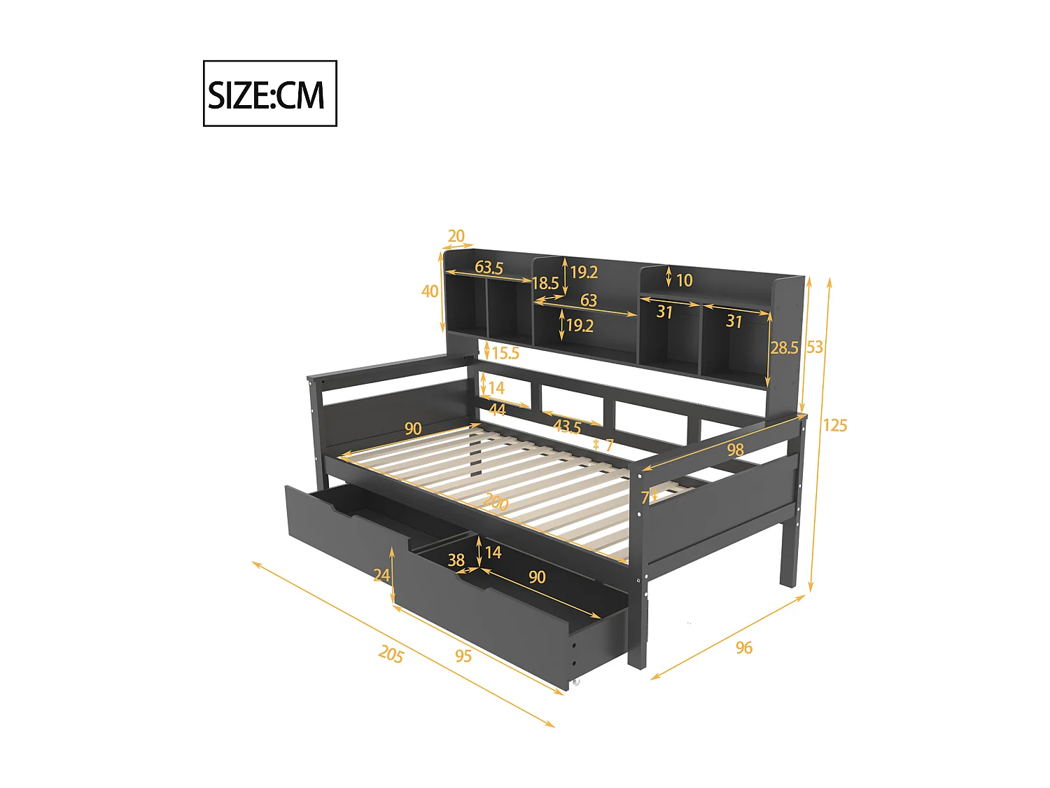 Lit enfant 90x200cm avec compartiment de rangement, canapé convertible avec 2 tiroirs, lit simple en bois, Gris foncé, sans matelas