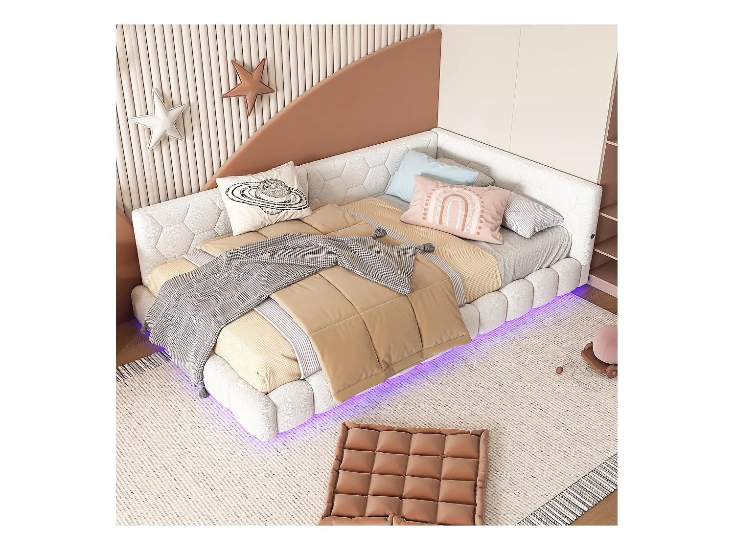 Lit enfant 90x200cm blanc avec port USB, lit enfant simple, lumière ambiante 16 couleurs, sans matelas