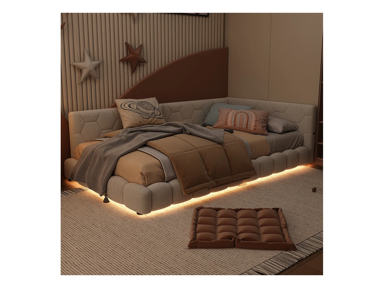 Lit enfant 90x200cm blanc avec port USB, lit enfant simple, lumière ambiante 16 couleurs, sans matelas