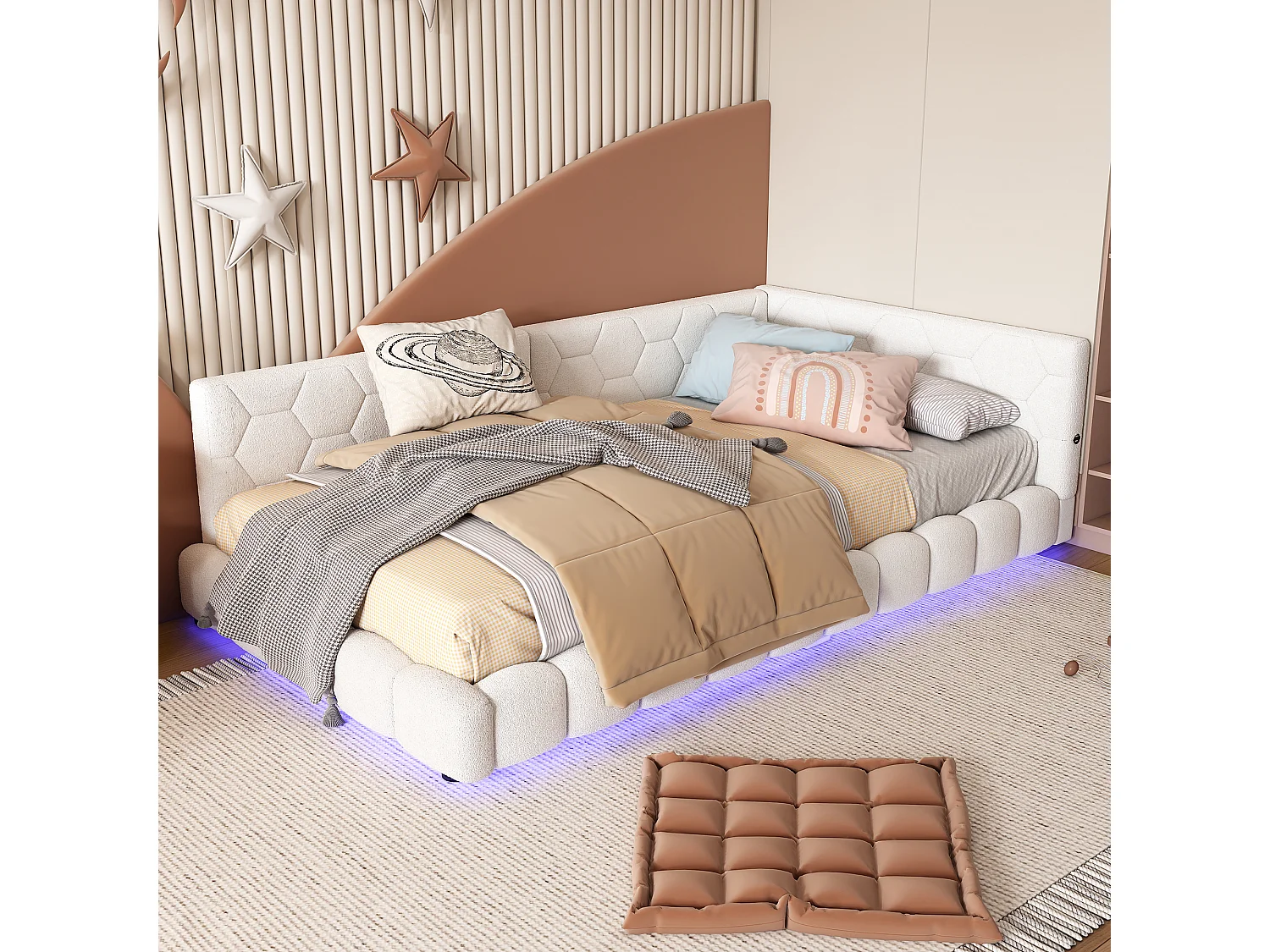 Lit enfant 90x200cm blanc avec port USB, lit enfant simple, lumière ambiante 16 couleurs, sans matelas