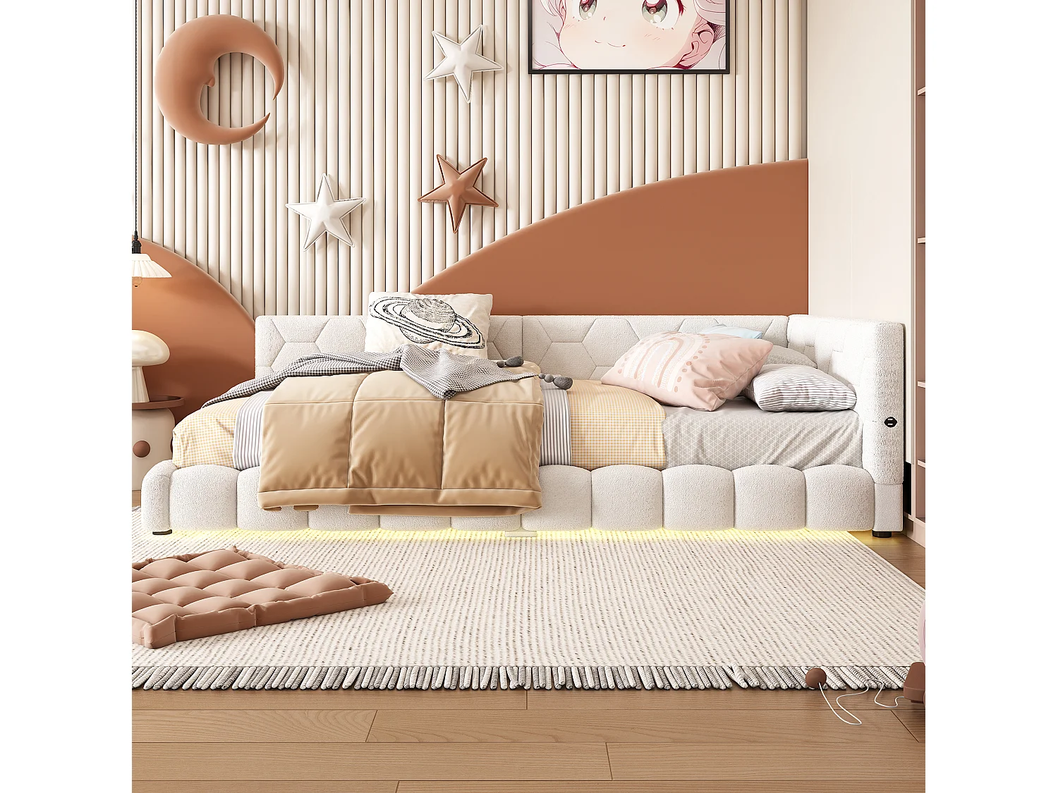 Lit enfant 90x200cm blanc avec port USB, lit enfant simple, lumière ambiante 16 couleurs, sans matelas