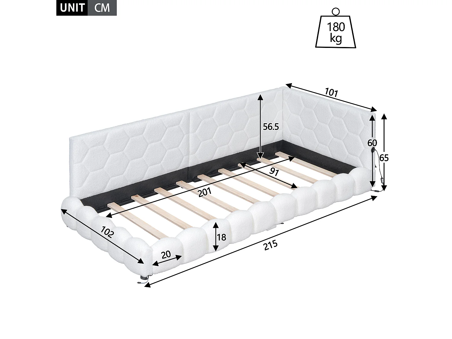 Lit enfant 90x200cm blanc avec port USB, lit enfant simple, lumière ambiante 16 couleurs, sans matelas