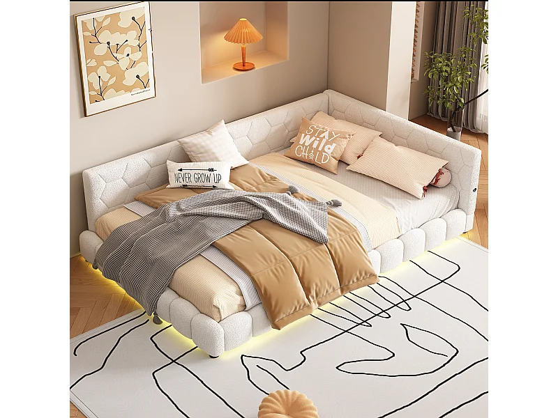 Canapé-lit 140x200cm blanc avec port USB, lit enfant double, lumière ambiante 16 couleurs, sans matelas