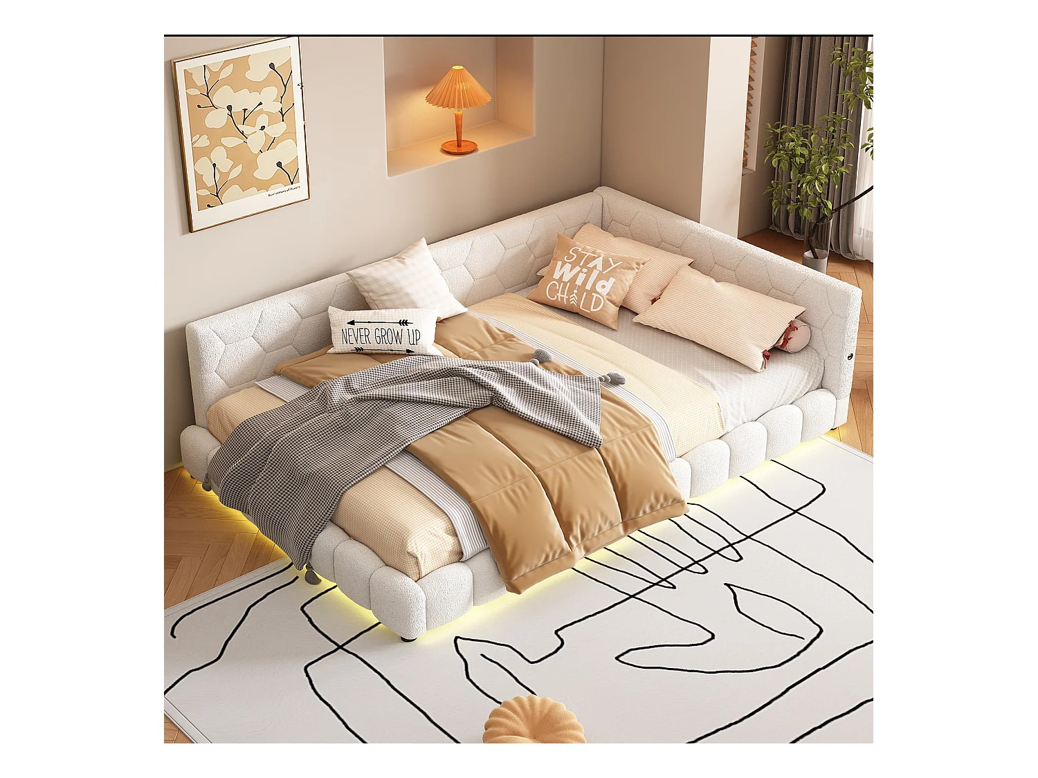 Canapé-lit 140x200cm blanc avec port USB, lit enfant double, lumière ambiante 16 couleurs, sans matelas
