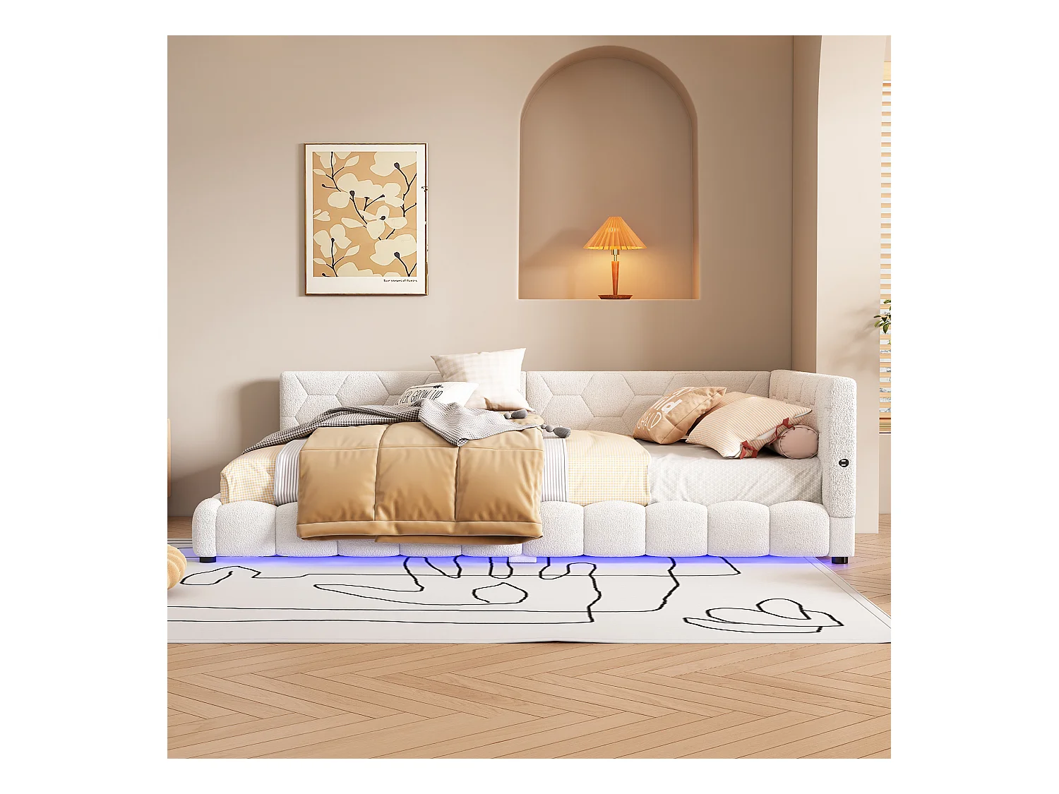 Canapé-lit 140x200cm blanc avec port USB, lit enfant double, lumière ambiante 16 couleurs, sans matelas