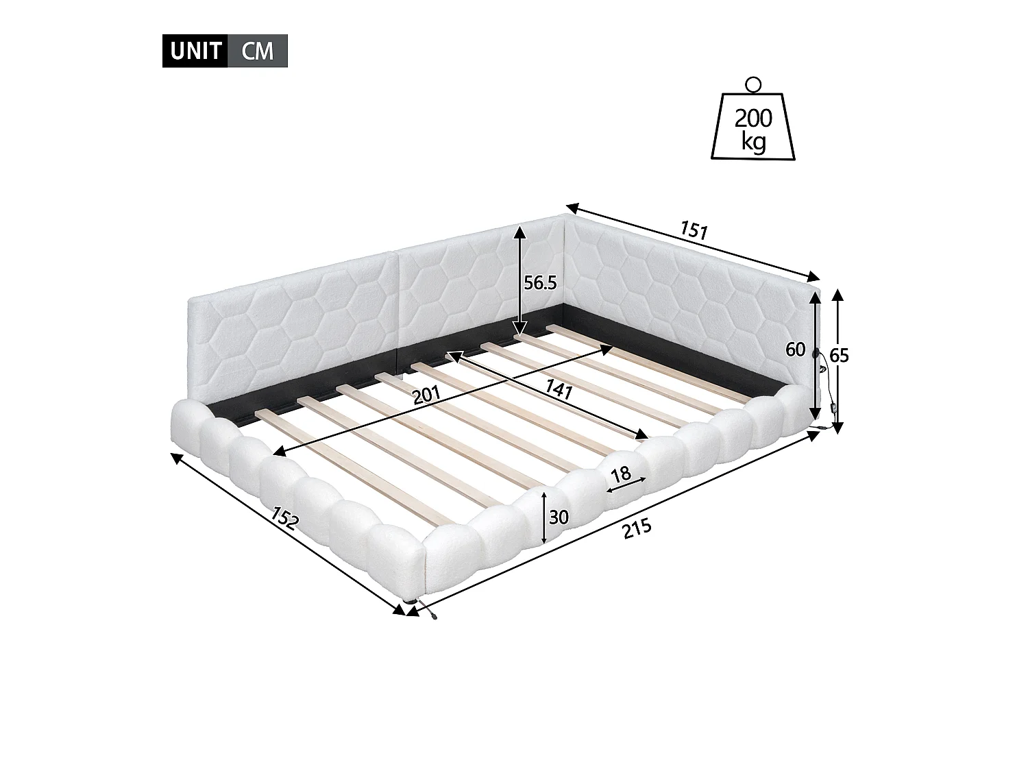 Canapé-lit 140x200cm blanc avec port USB, lit enfant double, lumière ambiante 16 couleurs, sans matelas