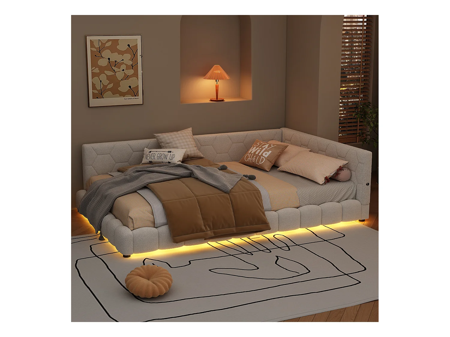 Canapé-lit 140x200cm blanc avec port USB, lit enfant double, lumière ambiante 16 couleurs, sans matelas
