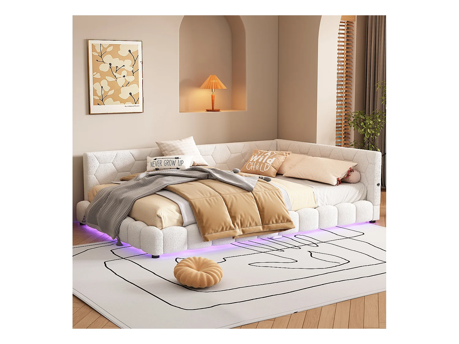 Canapé-lit 140x200cm blanc avec port USB, lit enfant double, lumière ambiante 16 couleurs, sans matelas