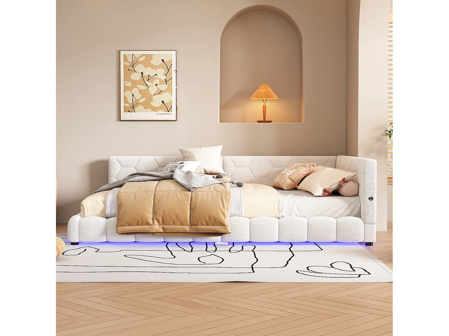 Canapé-lit 140x200cm blanc avec port USB, lit enfant double, lumière ambiante 16 couleurs, sans matelas