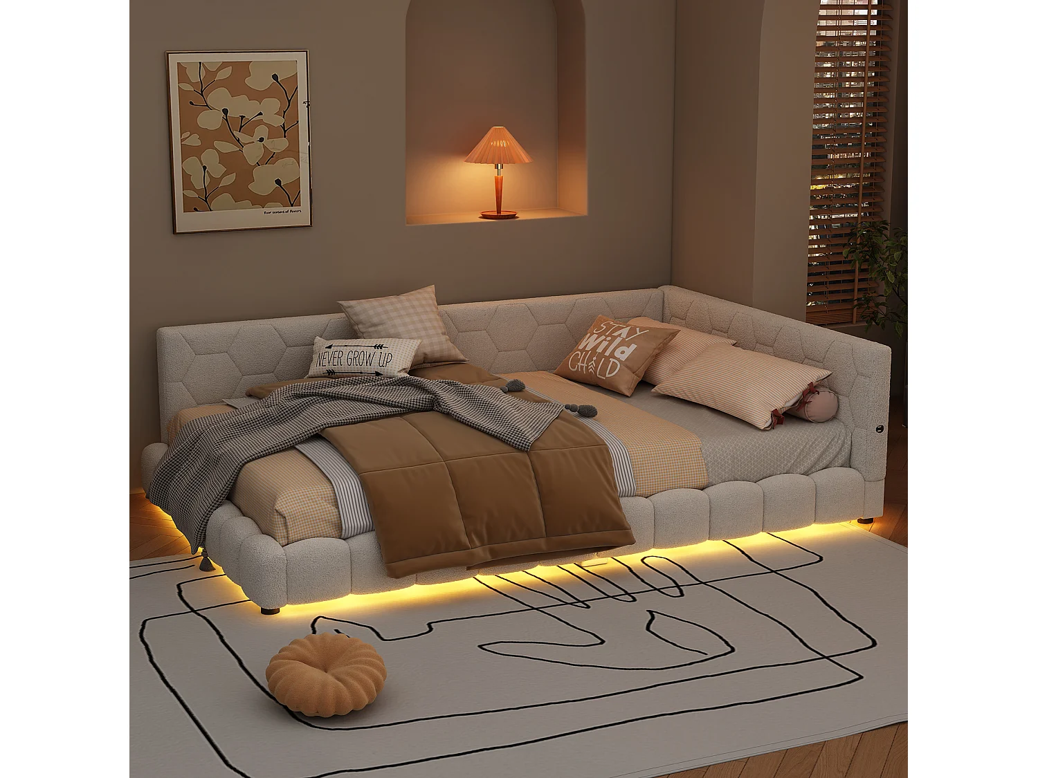 Canapé-lit 140x200cm blanc avec port USB, lit enfant double, lumière ambiante 16 couleurs, sans matelas