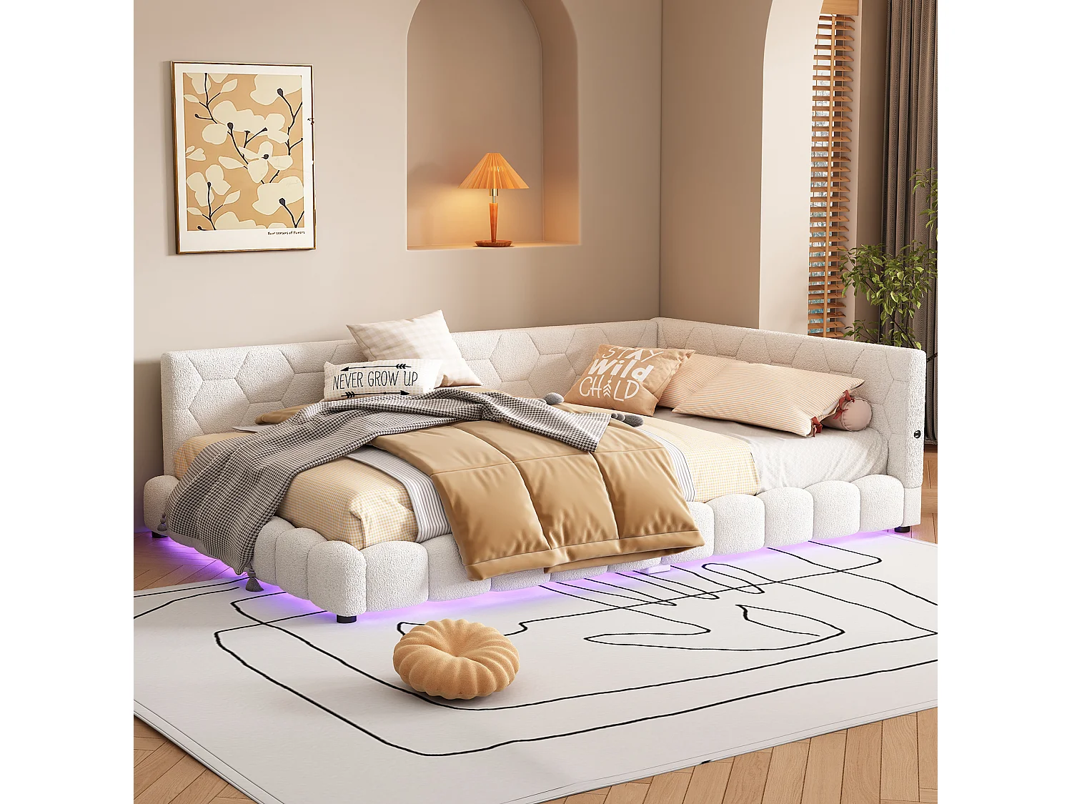 Canapé-lit 140x200cm blanc avec port USB, lit enfant double, lumière ambiante 16 couleurs, sans matelas