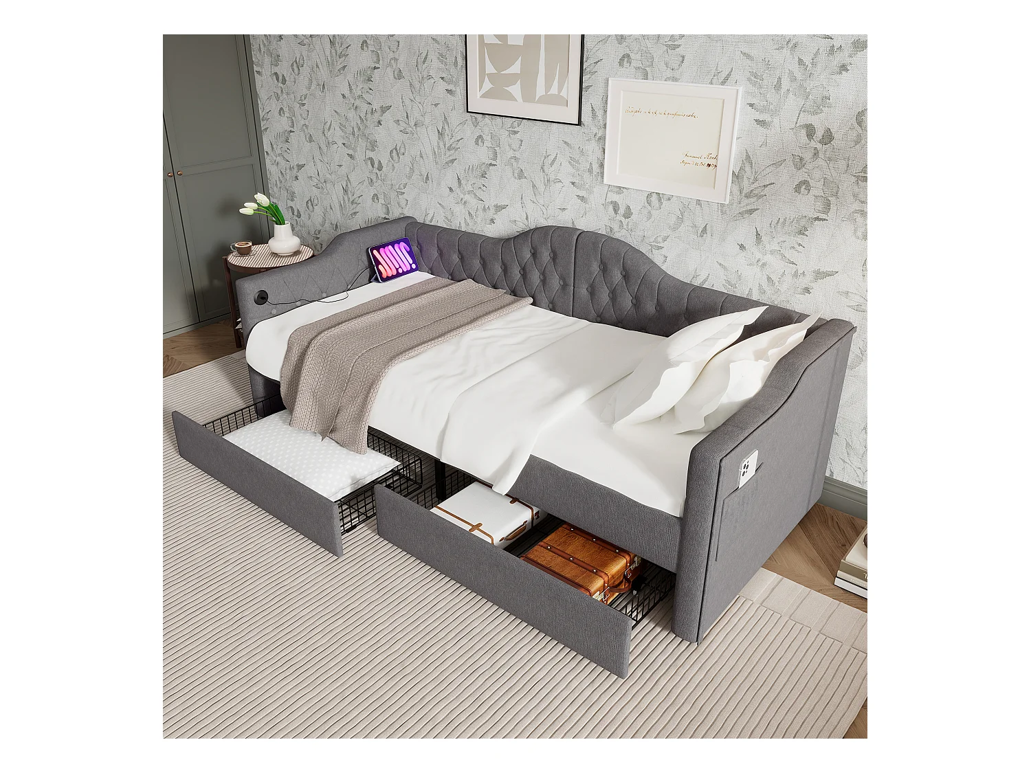 Canape lit 90x190 cm gris avec USB Type C, Lit enfant simple en lin avec 2 tiroirs de rangement, sans matelas